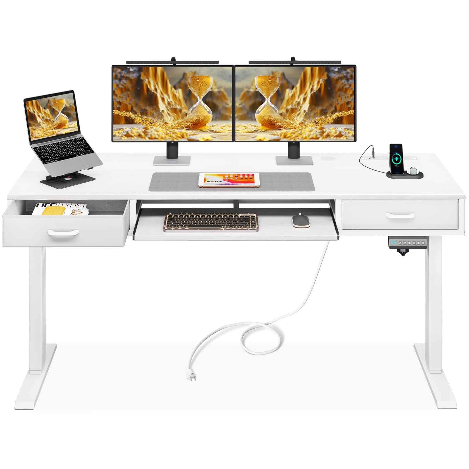 AODK Electric Standing Desk with Drawers & Keyboard Tray, 55 Inch Height Adjustable Desk with Power Outlets, Sit Stand Table, Writing Computer Desk for Home, Office, Workstation, White