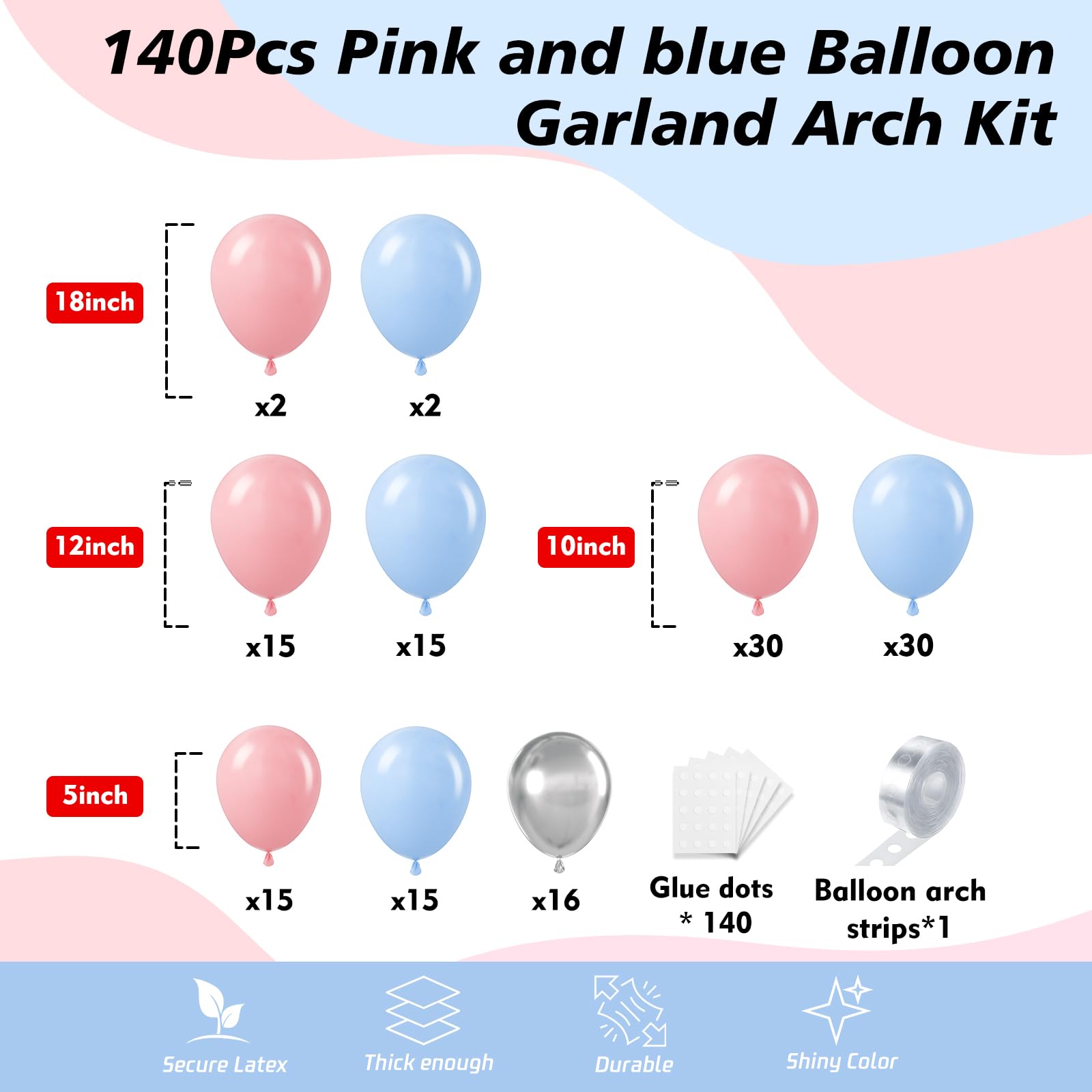 HKYOOD 140Pcs Gender Reveal Balloon Garland Arch Kit - Pink and Blue Balloons Silver Latex Balloon for Boy or Girl Gender Reveal Decorations Birthday Party Baby Shower Celebration Anniversary (No Box)