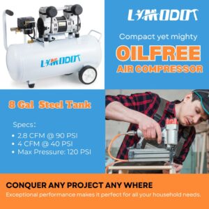 Limodot Air Compressor, Ultra Quiet Air Compressor, Only 68dB, 8 Gallon Durable Steel Air Tank, 2.8CFM @ 90PSI, Oil-Free, Ideal For Shop, Garage, Car, Pneumatic Tool, 1.2 HP