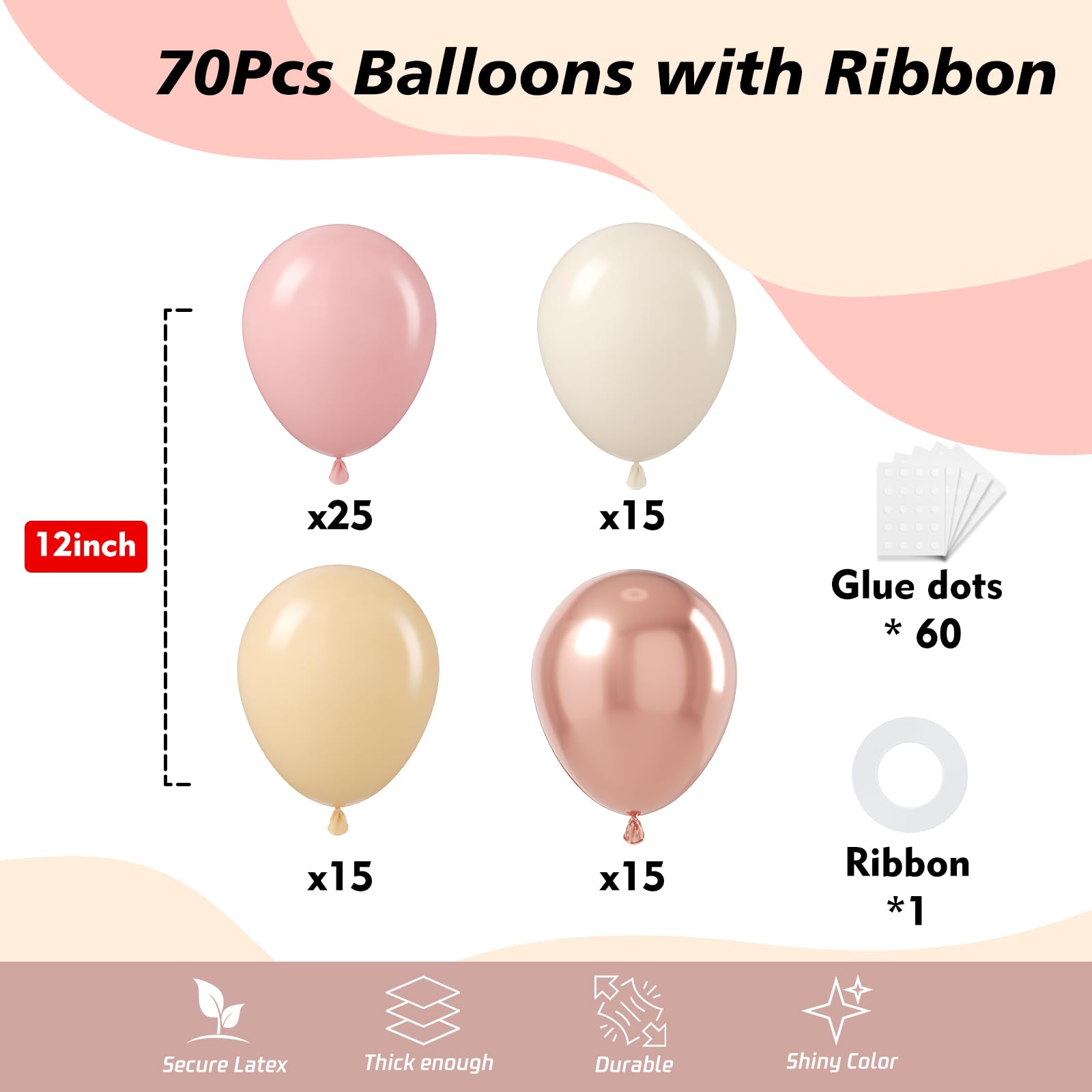 HKYOOD Retro Blush Pink Balloons - 70 Packs 12 inch Dusty Pink Metallic Chrome Rose Gold White Sand Nude Balloons for Baby Shower Bridal Shower Girls Boho Birthday Wedding Party Decorations Supplies