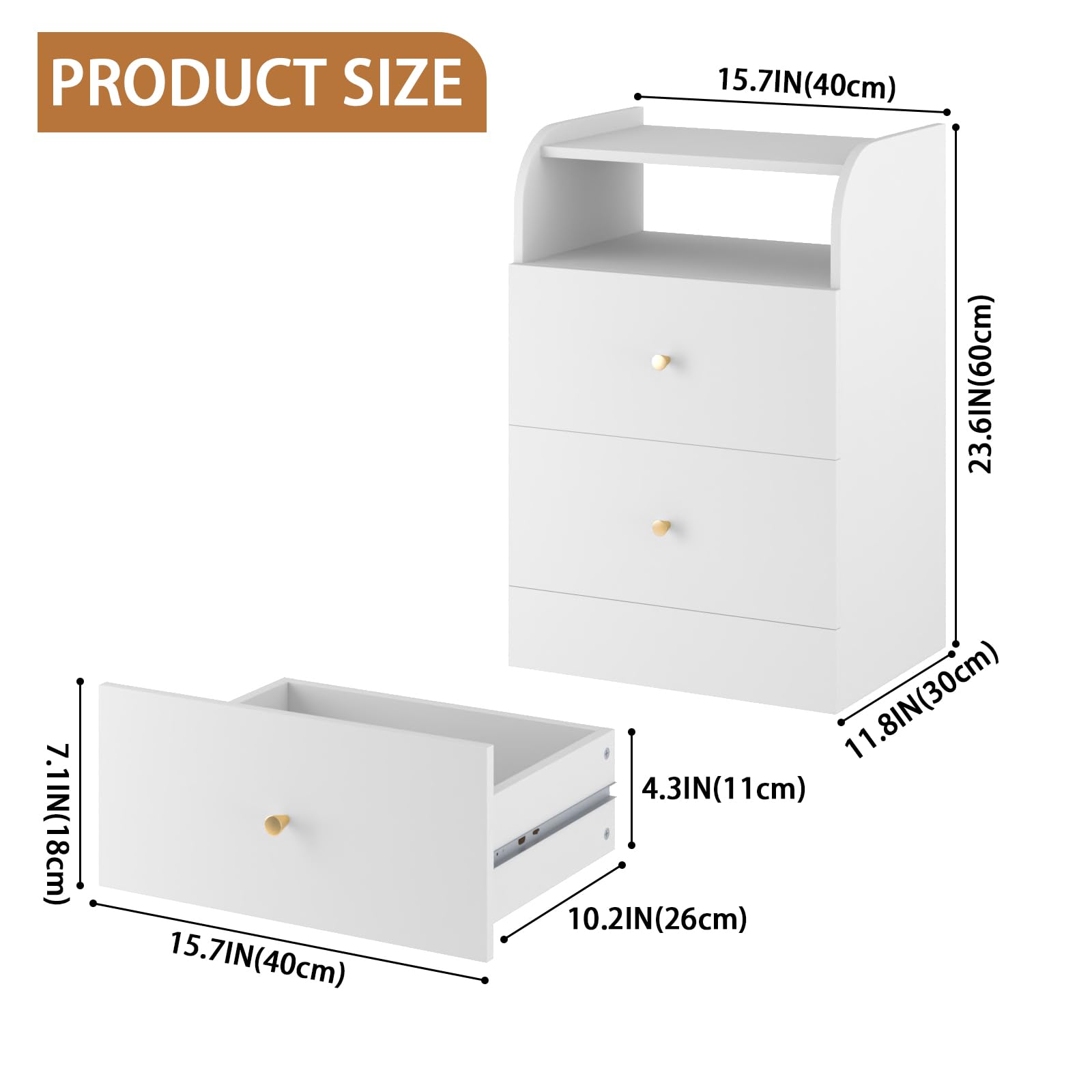 Aenuert Nightstand with Two Drawers White Bedside Table Chest of Drawers with Opening Storage Rack,3 Tiers Modern Night Table for Bedroom Small Spaces Storage Furniture