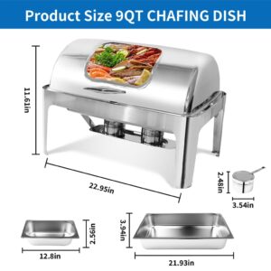 Umisu 9.46 Qt Roll Top Chafing Dish Buffet Set with Visible Glass Lid, Stainless Steel Chafing Dishes for Buffet, Chafers and Buffet and Warmers Set for Weddings, Hotels and Parties