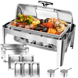 umisu 9.46 qt roll top chafing dish buffet set with visible glass lid, stainless steel chafing dishes for buffet, chafers and buffet and warmers set for weddings, hotels and parties