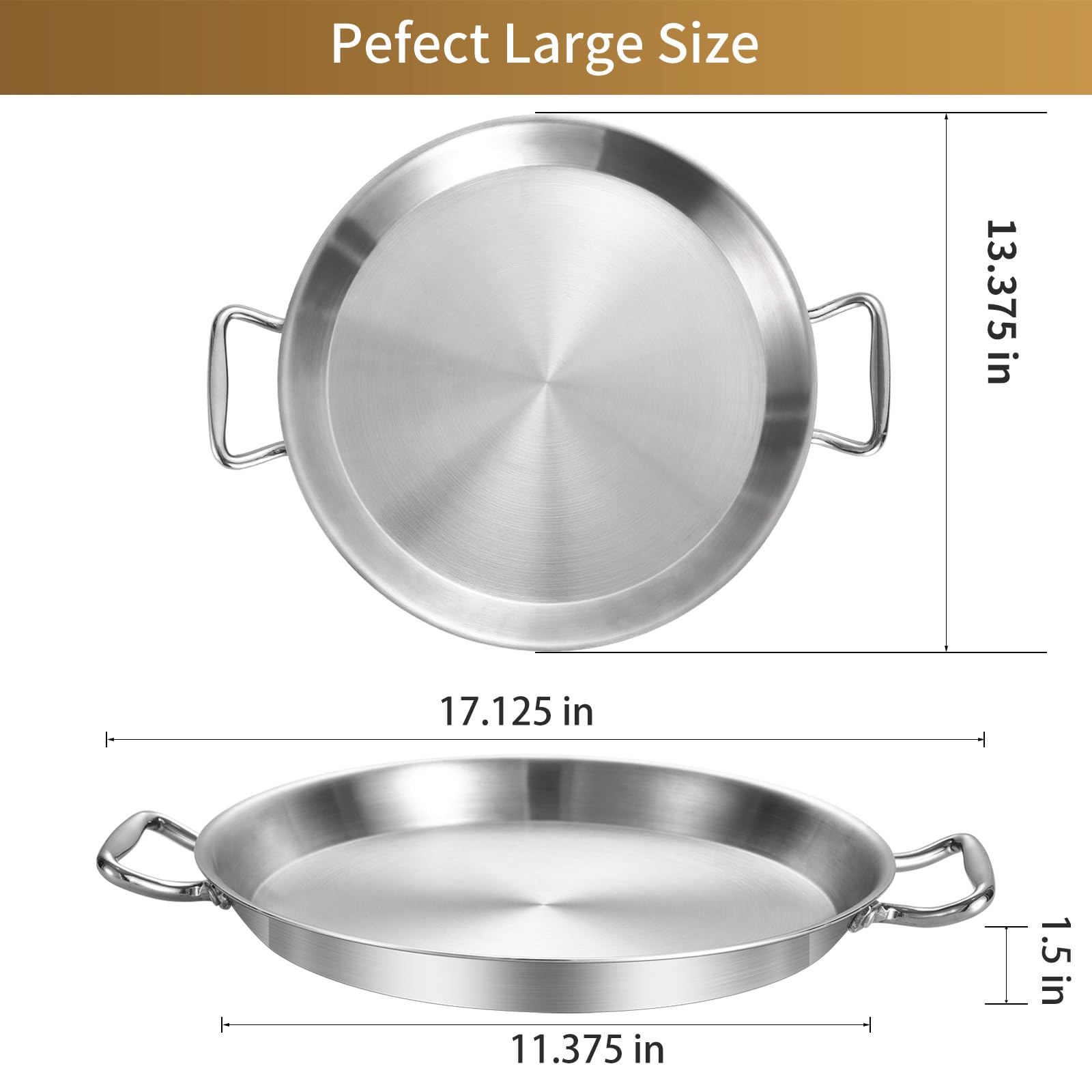 LOLYKITCH 13 Inch Tri-ply Stainless Steel Paella Pan,Griddle,Large Skillet,Omelet,Jumbo Cooker,Heavy Duty,Dishwasher and Oven Safe.