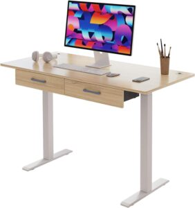 our modern space 2-drawer height adjustable 45" electric standing desk - upgraded ultra durable home office large rectangular computer table or laptop sit stand workstation - maple