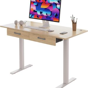 Our Modern Space 2-Drawer Height Adjustable 45" Electric Standing Desk - Upgraded Ultra Durable Home Office Large Rectangular Computer Table or Laptop Sit Stand Workstation - Maple