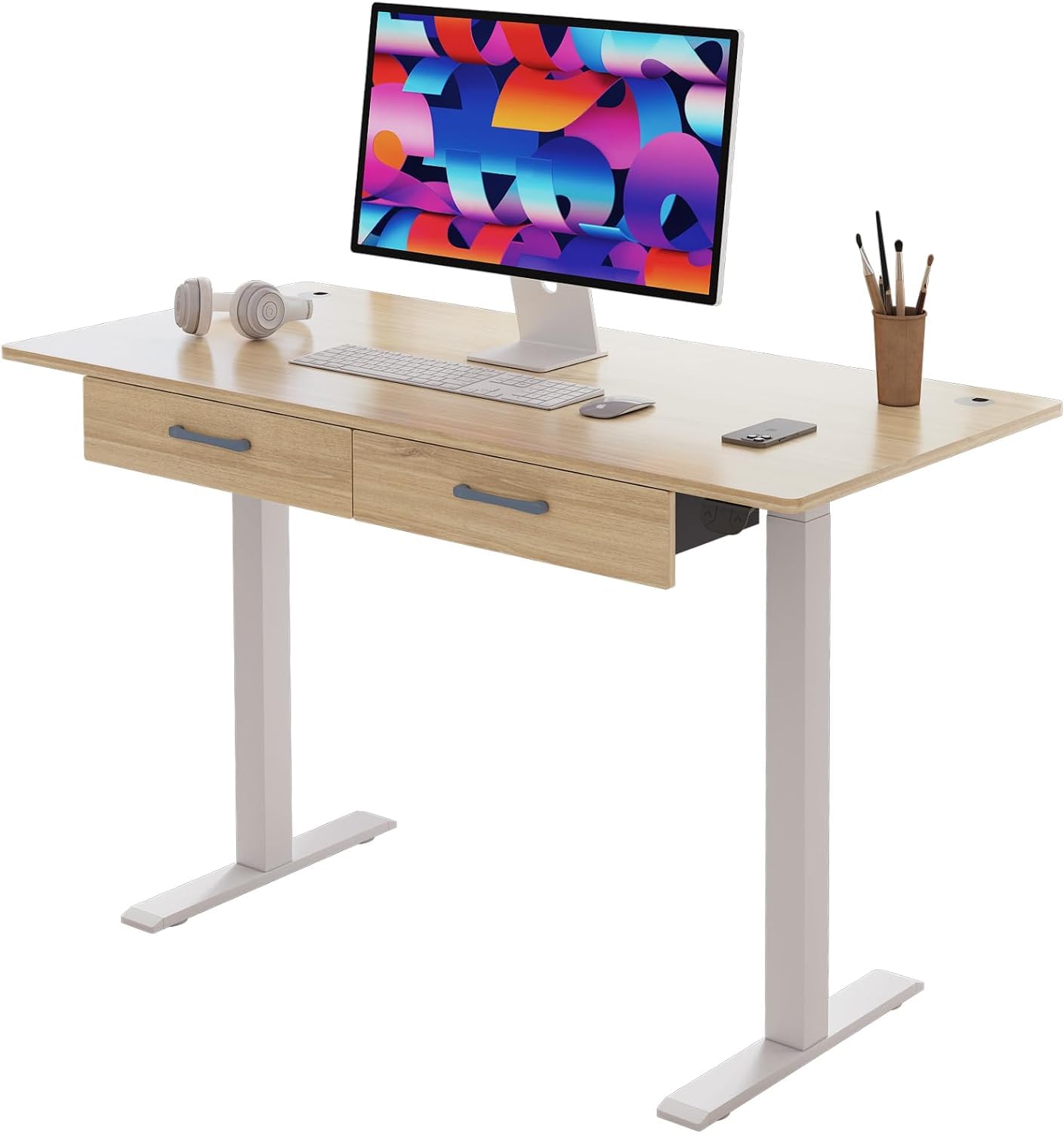 Our Modern Space 2-Drawer Height Adjustable 45" Electric Standing Desk - Upgraded Ultra Durable Home Office Large Rectangular Computer Table or Laptop Sit Stand Workstation - Maple