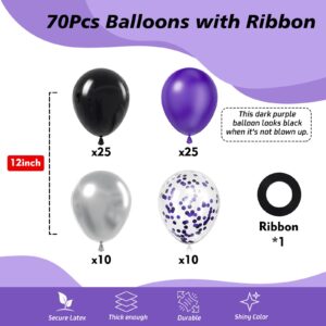 HKYOOD Purple and Black Balloons - 70Pcs 12 inch Purple Black Metallic Silver Latex Balloons with Purple Confetti for Halloween Birthday Anniversary Wednesday Graduation Party Decorations