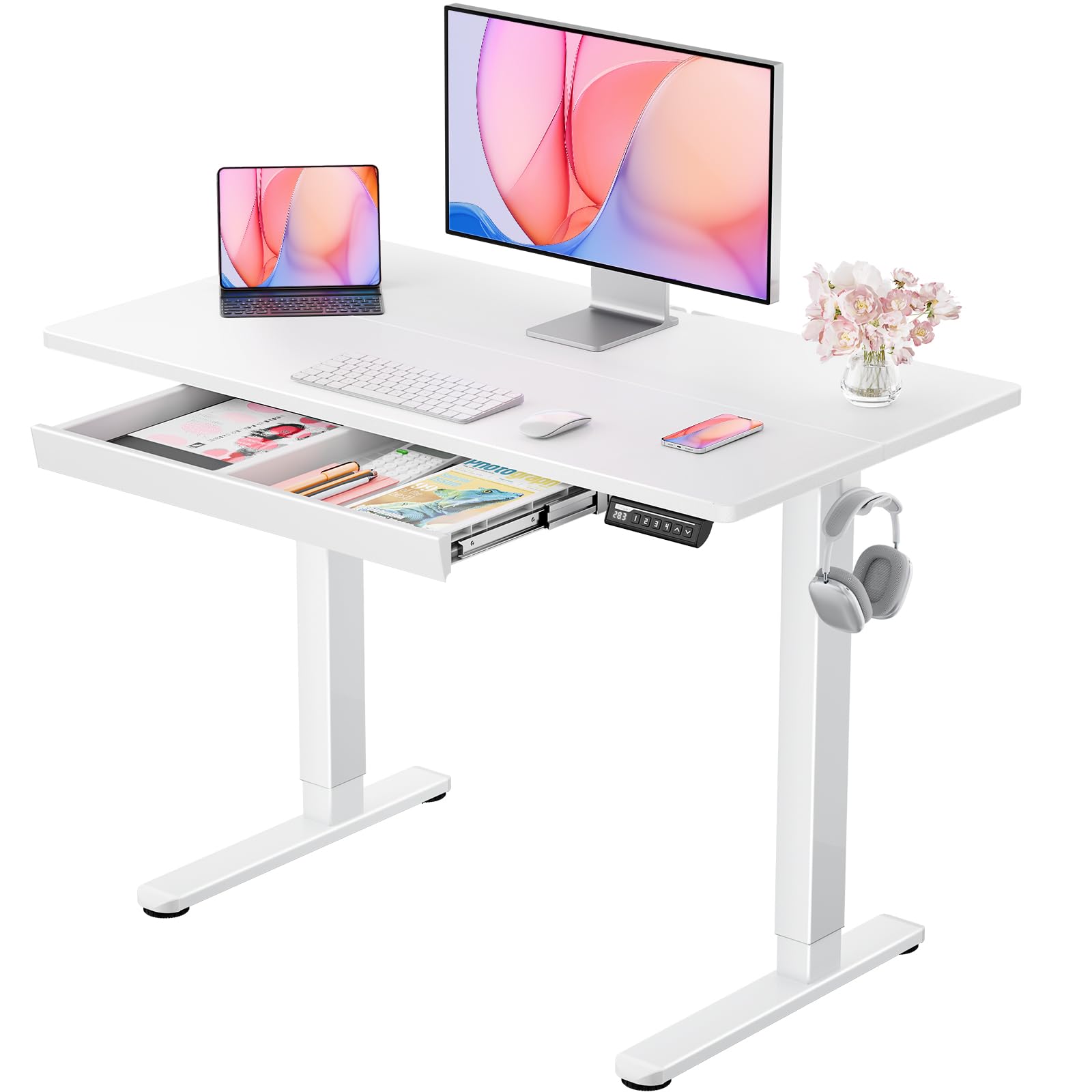 ErGear Standing Desk with Drawer, 44 x 24 inch Electric Height Adjustable Desk with 4 Preset Heights & 2 Storage Hooks, Sit Stand Desk with Drawer, Computer Home Office Desk with Splice Board, White