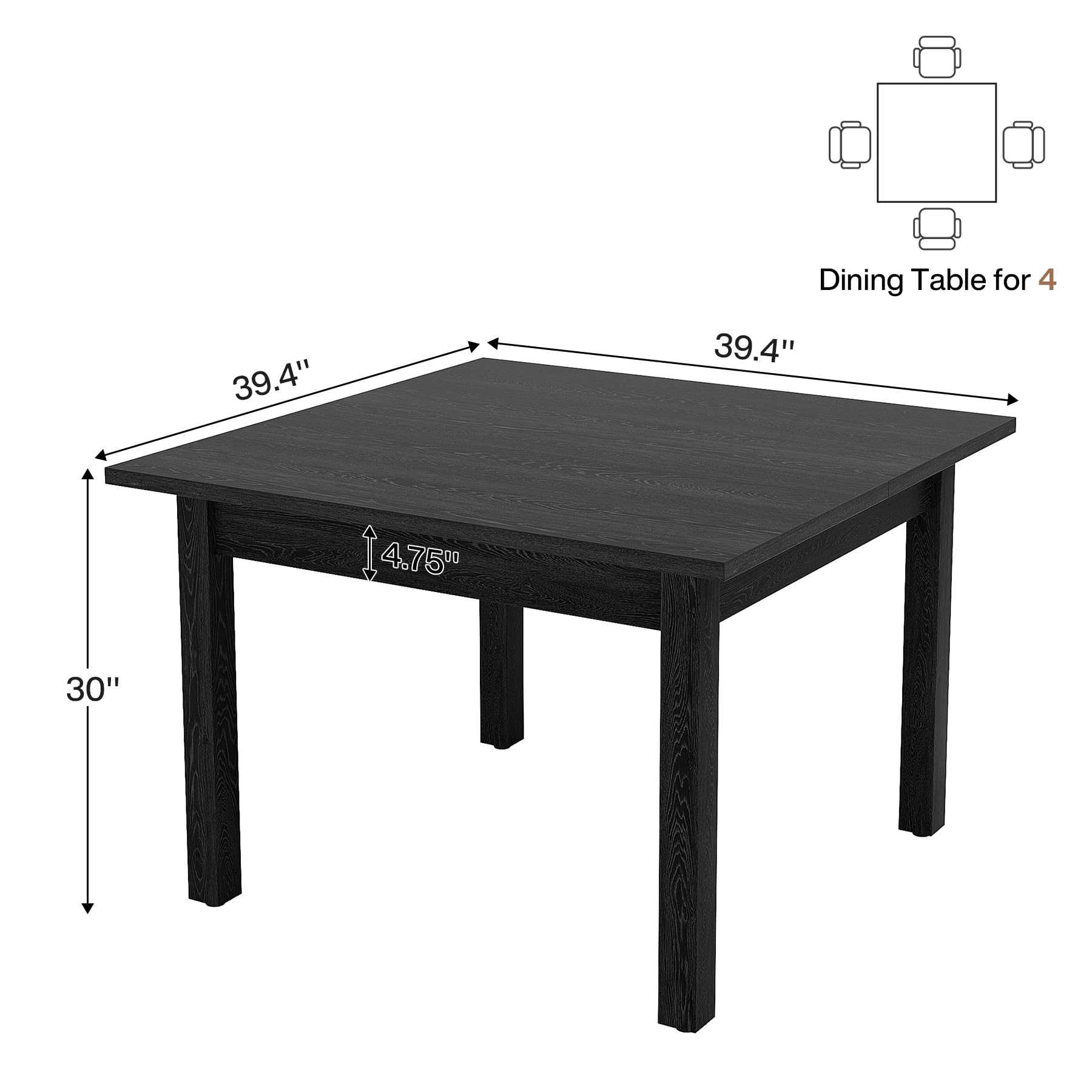 Tribesigns Wood Dining Table Modern Kitchen Table for Dining Room Living Room, 2-4 People Dining Room Table Square Dinner Tables with Wooden Legs Thick Top for Small Space, Pure Black(Only Table)