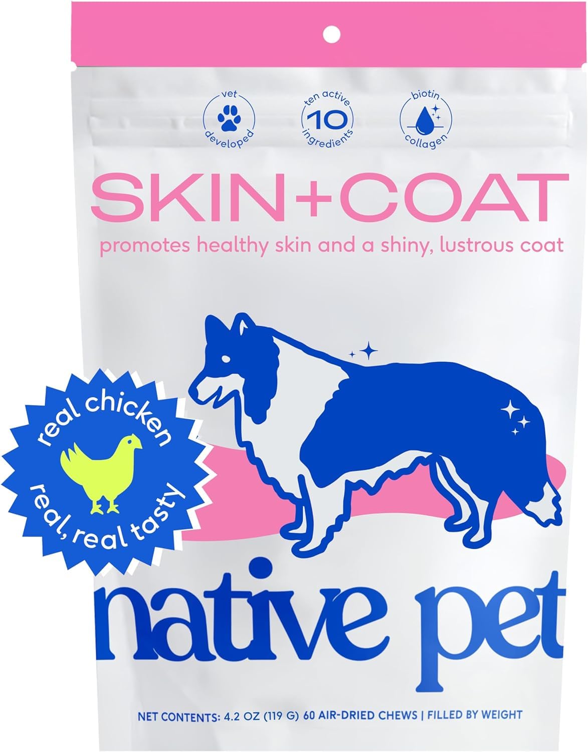 Native Pet Skin and Coat Chews for Dogs - Made with Wild-Caught Salmon Oil for Dogs Skin and Coat - Omega 3 for Dogs - Dog Shedding Supplements & Dog Hair Loss Treatment - Omega for Dogs (30 Chews)