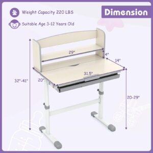 HONEY JOY Kids Desk, Children School Study Desk w/ 7-Level Tiltable Desktop, Height Adjustable Wooden Table w/Bookshelf & Pull-Out Drawer, Student Writing Workstation, Desk for Girls Boys (Gray)