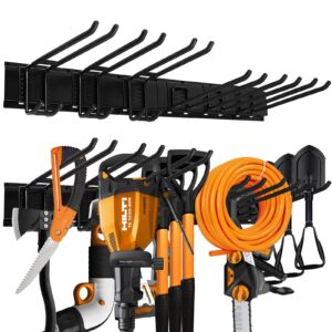 garage organization,garage tool organizer with 6 removable hooks and 3rails,yard tool organizer for garage 48 inch,tool storage organizer for ski gears, chair, broom, mop, rake shovel yard tools