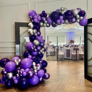 HKYOOD Purple and Black Balloons - 70Pcs 12 inch Purple Black Metallic Silver Latex Balloons with Purple Confetti for Halloween Birthday Anniversary Wednesday Graduation Party Decorations