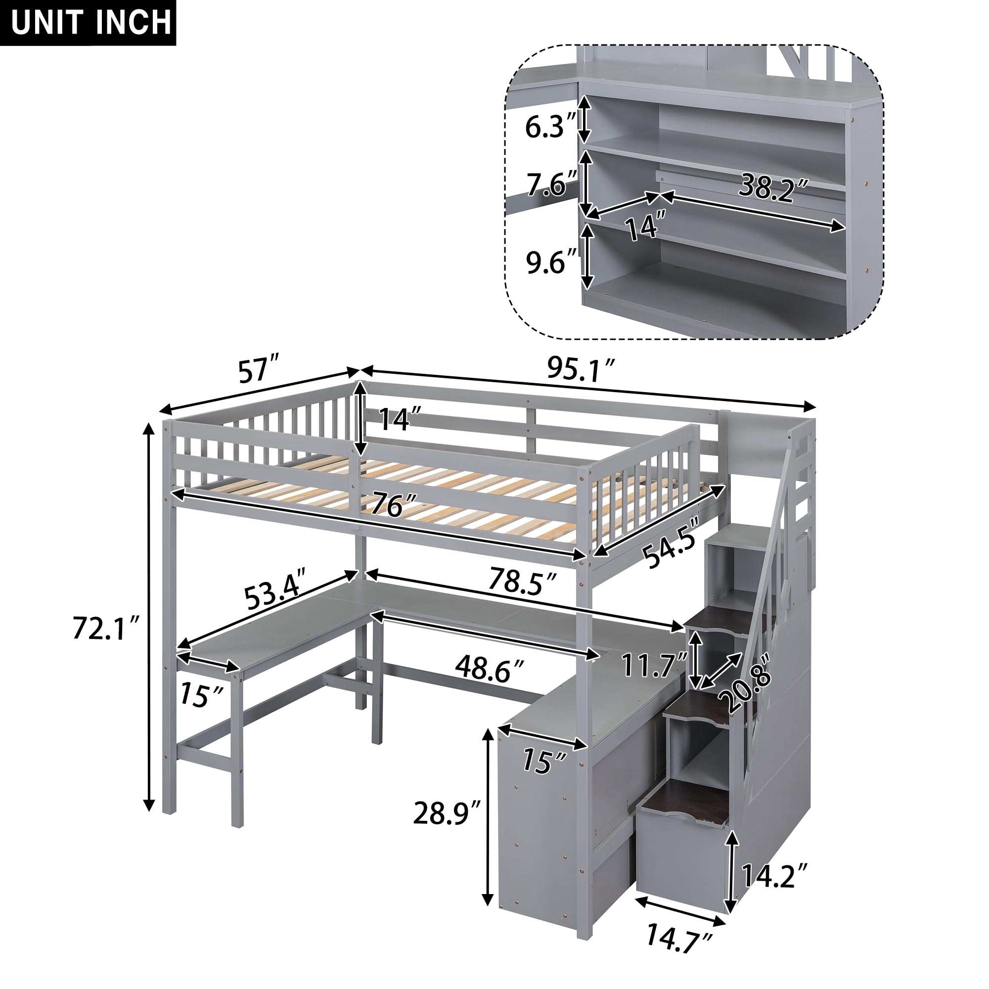 Merax Wood Full Size Loft Bed Frame with Built-in L Shaped Desk & 3 Storage Shelves & Attached Storage Stairs for Kids, No Box Spring Needed, Gray