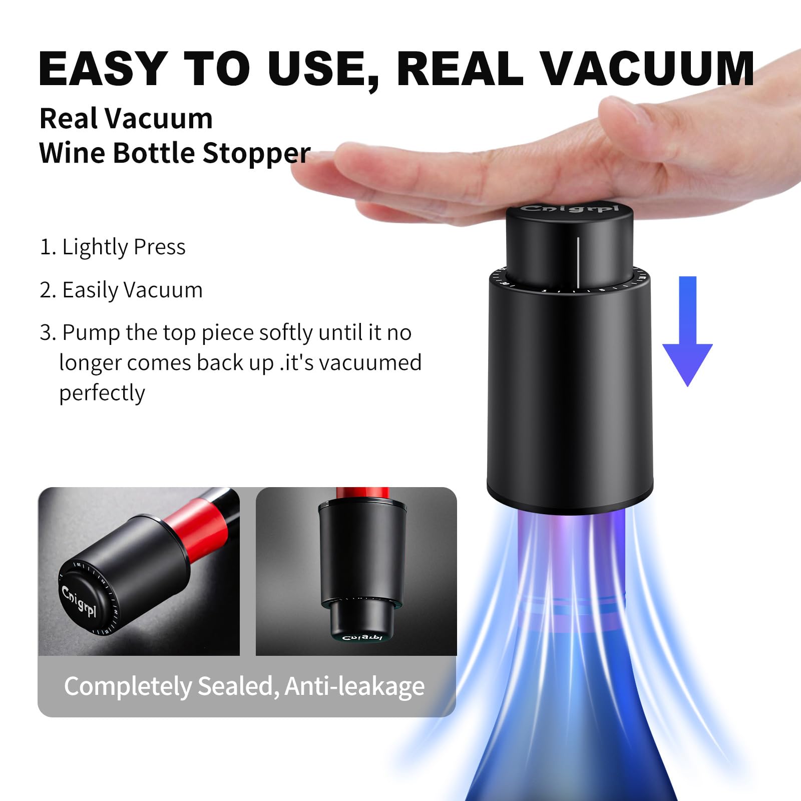 Wine Bottle Stoppers，2-in-1 Vacuum Wine Stopper，Reusable Wine Savers, Wine Preserver Vacuum Pump Corks Keep Wine Really Fresh, Best Gift Accessories (1 Black)