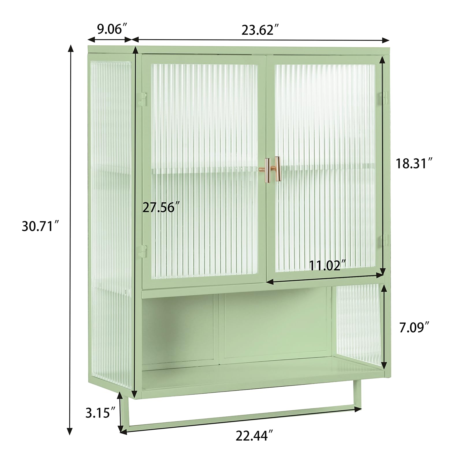 VKTO Bathroom Wall Cabinet with 2 Glass Door, Over The Toilet Storage Metal Hanging Cabinet with Towels Bar and Shelves, Medicine Cabinet for Bathroom Laundry Room Kitchen (Green)