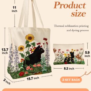 Miss Adola Aesthetic 2 Set Canvas Tote Bag - with Cosmetic Makeup Zipper Pouch Bag for Women Cloth Cotton Tote Bag for Shopping, Gym, Work, Travel, Vacation, Grass Cat