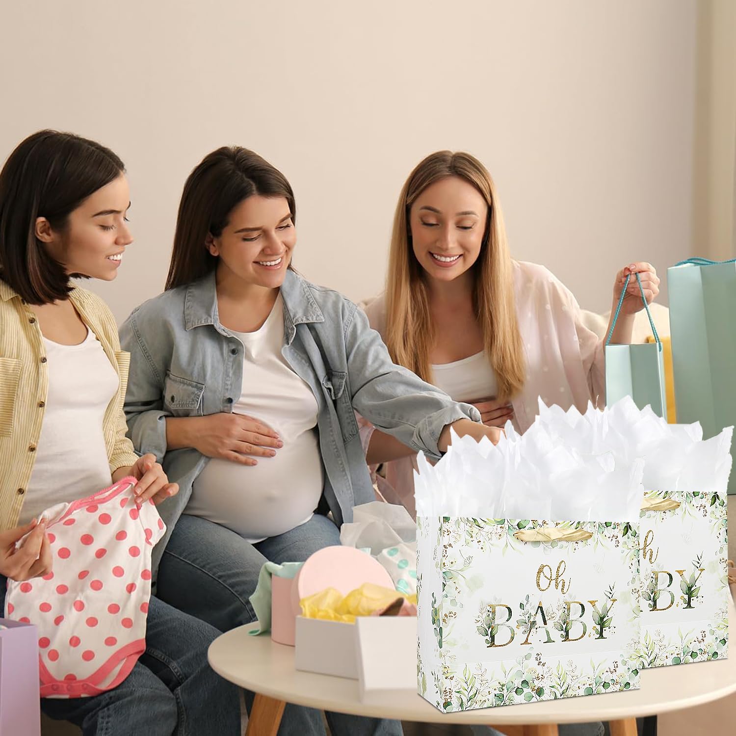 Foxrush 2 Sets of 13" Sage Green Baby Shower Decorations Giftware Bags with Handle, Tissue Papers and Greeting Card for Baby Shower, Giftware Bags for Newborn, Prospective Parents