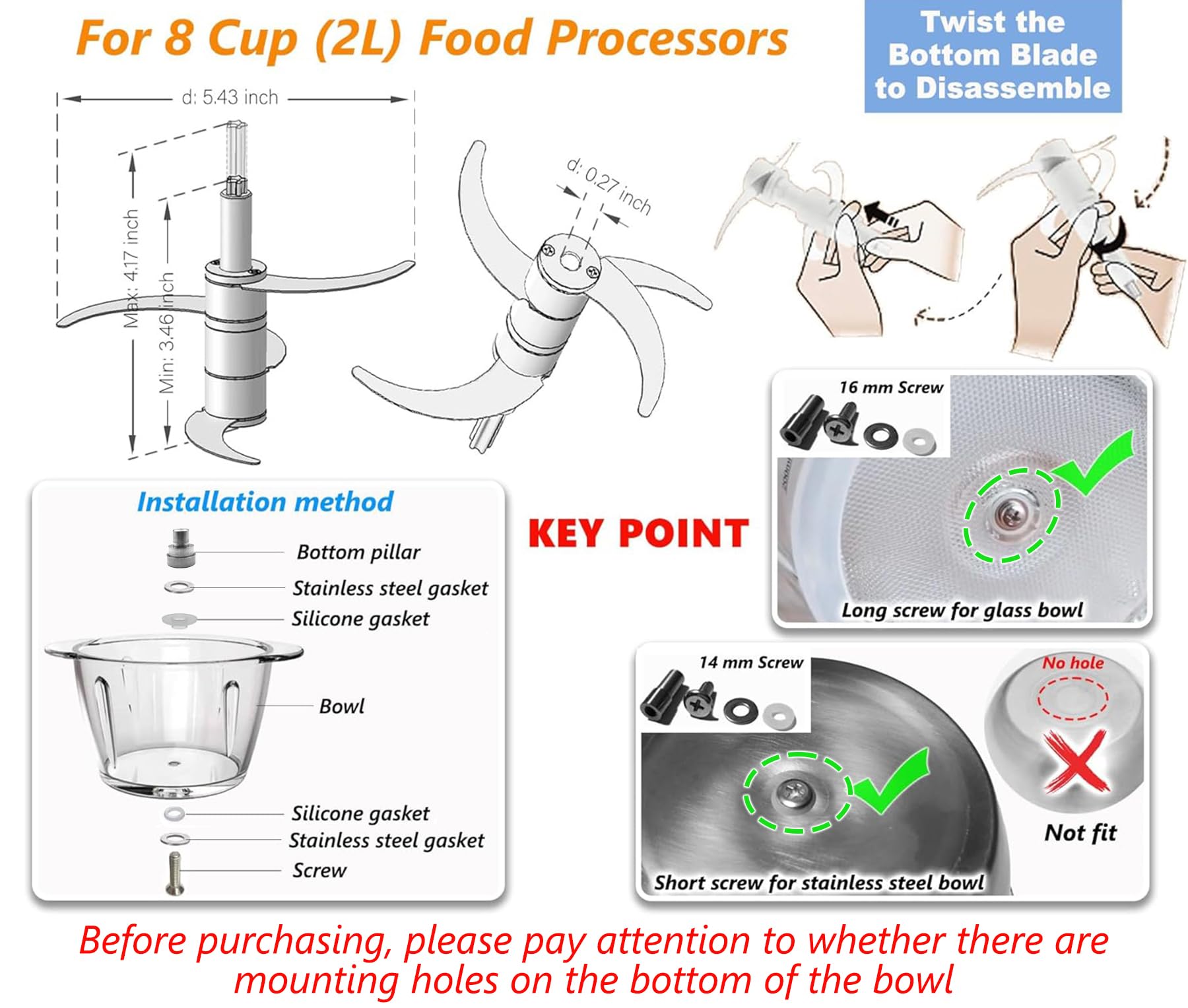 Full Steel Food Processor Blade Plastic-Free Chopping Blade for 8 Cup(2L) Bowl, Compatible with Syvio HOMEASY KOIOS HOVOBO Kitchen-in-the-box and More