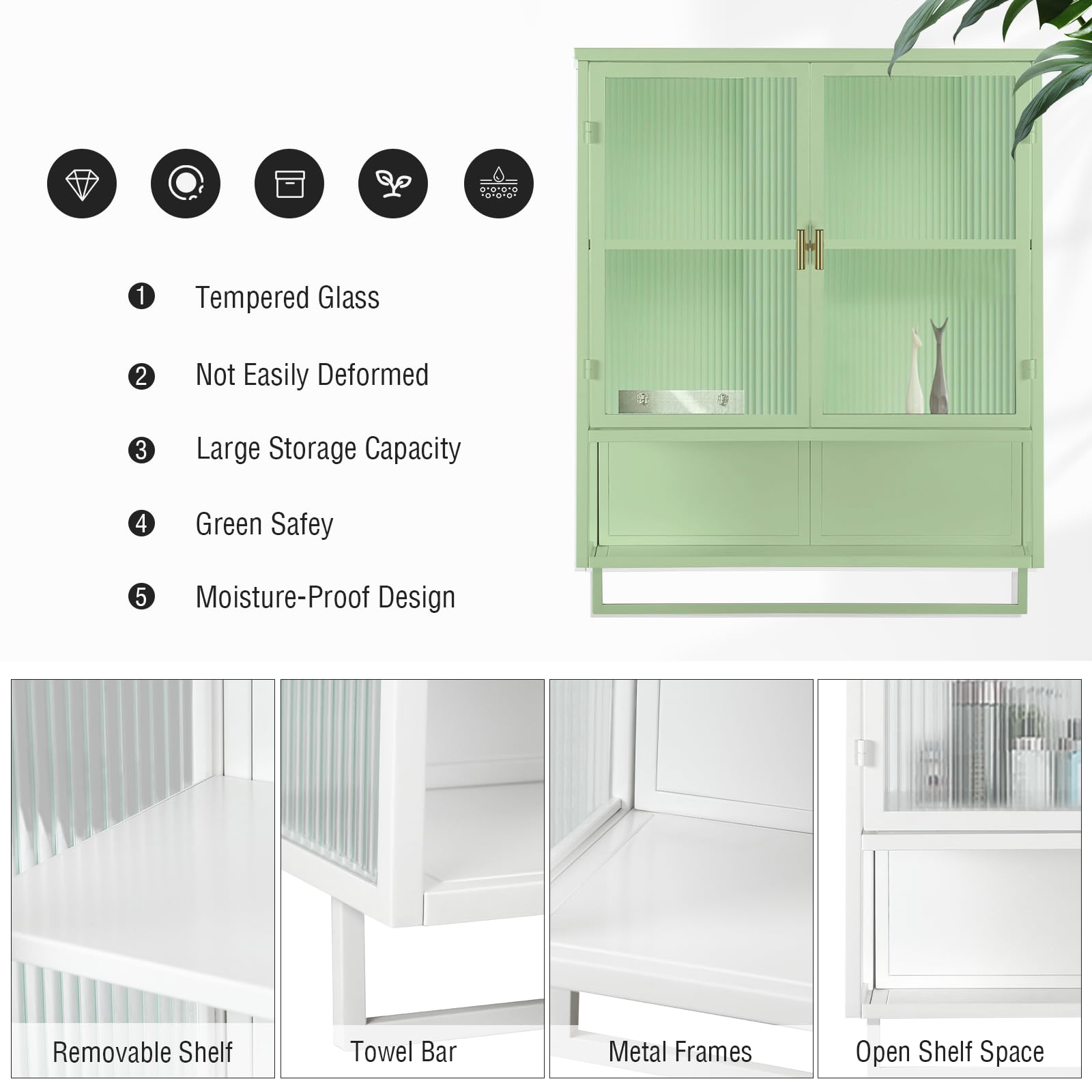 VKTO Bathroom Wall Cabinet with 2 Glass Door, Over The Toilet Storage Metal Hanging Cabinet with Towels Bar and Shelves, Medicine Cabinet for Bathroom Laundry Room Kitchen (Green)