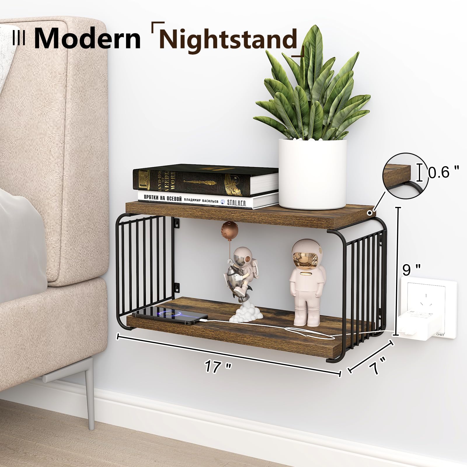 MXCSE Floating Nightstand Shelves – Modern Night Stand for Bedroom, Floating Nightstand, Durable Floating Shelf for Books, Nightstand Bedside Table, Mid Century Wall Shelves Nightstand (2, Brown)