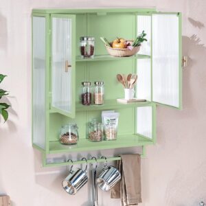 VKTO Bathroom Wall Cabinet with 2 Glass Door, Over The Toilet Storage Metal Hanging Cabinet with Towels Bar and Shelves, Medicine Cabinet for Bathroom Laundry Room Kitchen (Green)