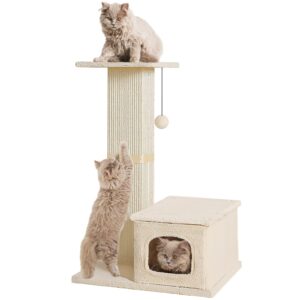 small cat tree, 31 inches tall cat scratching post with perch & condo, natural woven sisal cat post sctacher, kitten scratching posts for indoor cats, cat scratch tower with fluffy ball, beige