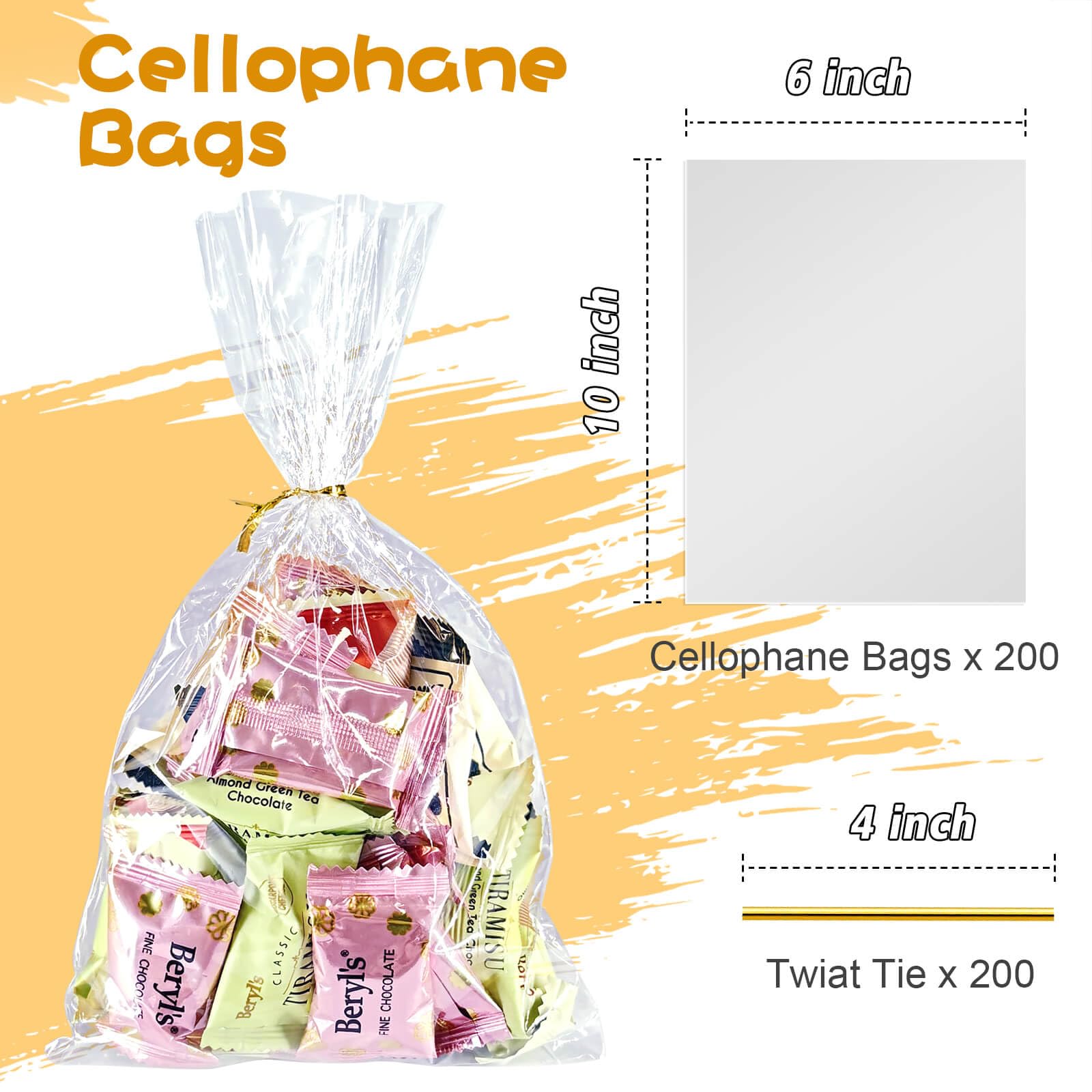 Cherodada 6"x 10", 200Pcs Cellophane Treat Bags with Twist Ties for Gift Wrapping, Wrapping Candies, Cookies, Chocolates, Popcorn