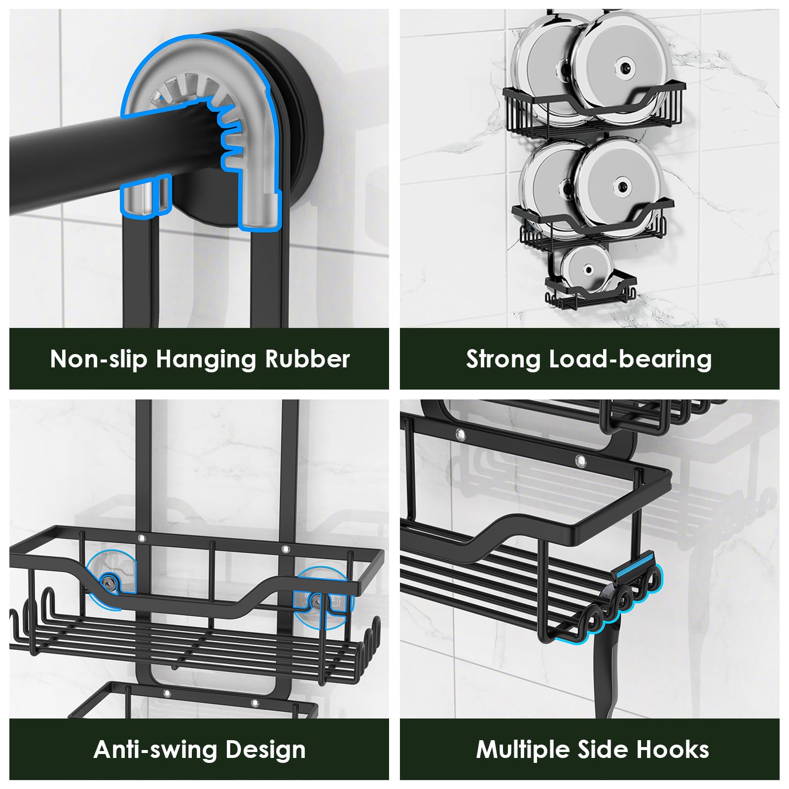 Anhow Shower Caddy Hanging Shower Organizer 3-Tier Over Shower Head with Adhesive Toothbrush Holder Anti-Swing Rustproof Shower Racks with 12 Hooks and Suction Cups for Bathroom, Matte Black