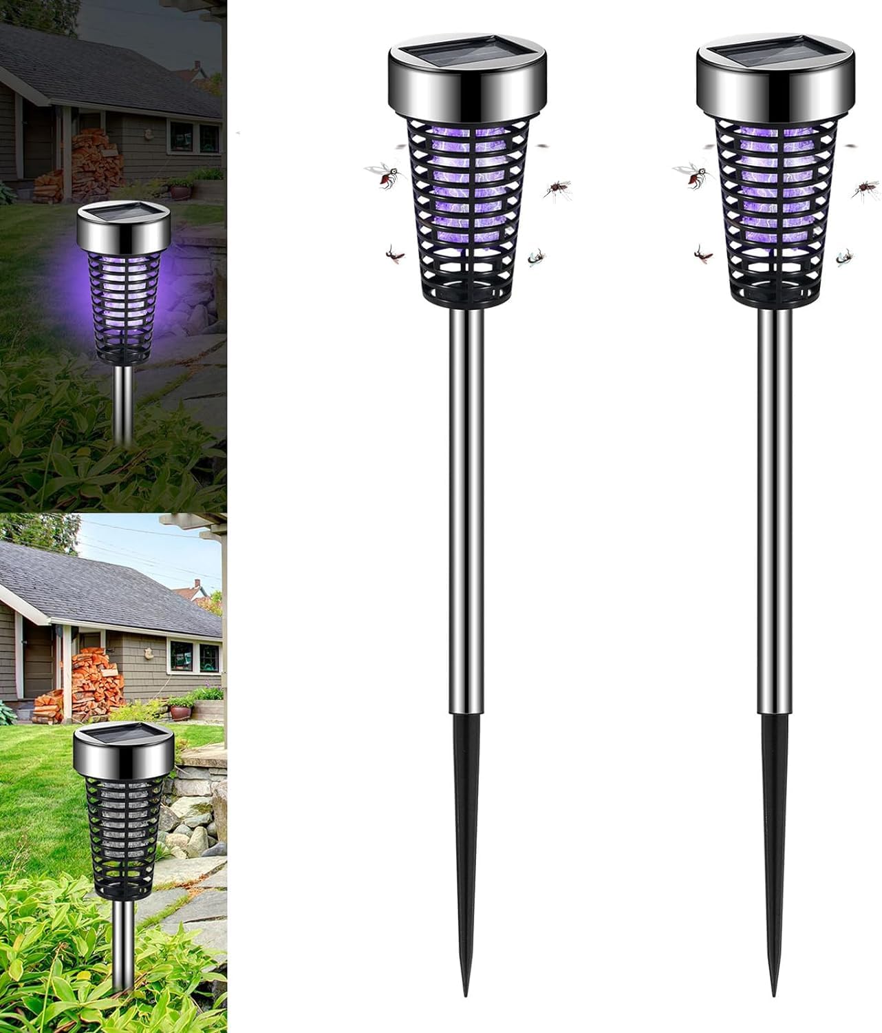 Jahy2Tech 2 Pack Solar Bug Zapper Outdoor Mosquito Zapper Waterproof Mosquito Killer Lamp for Patio Backyard Garden Pathway Insect Mosquito Repellent UV and White Light