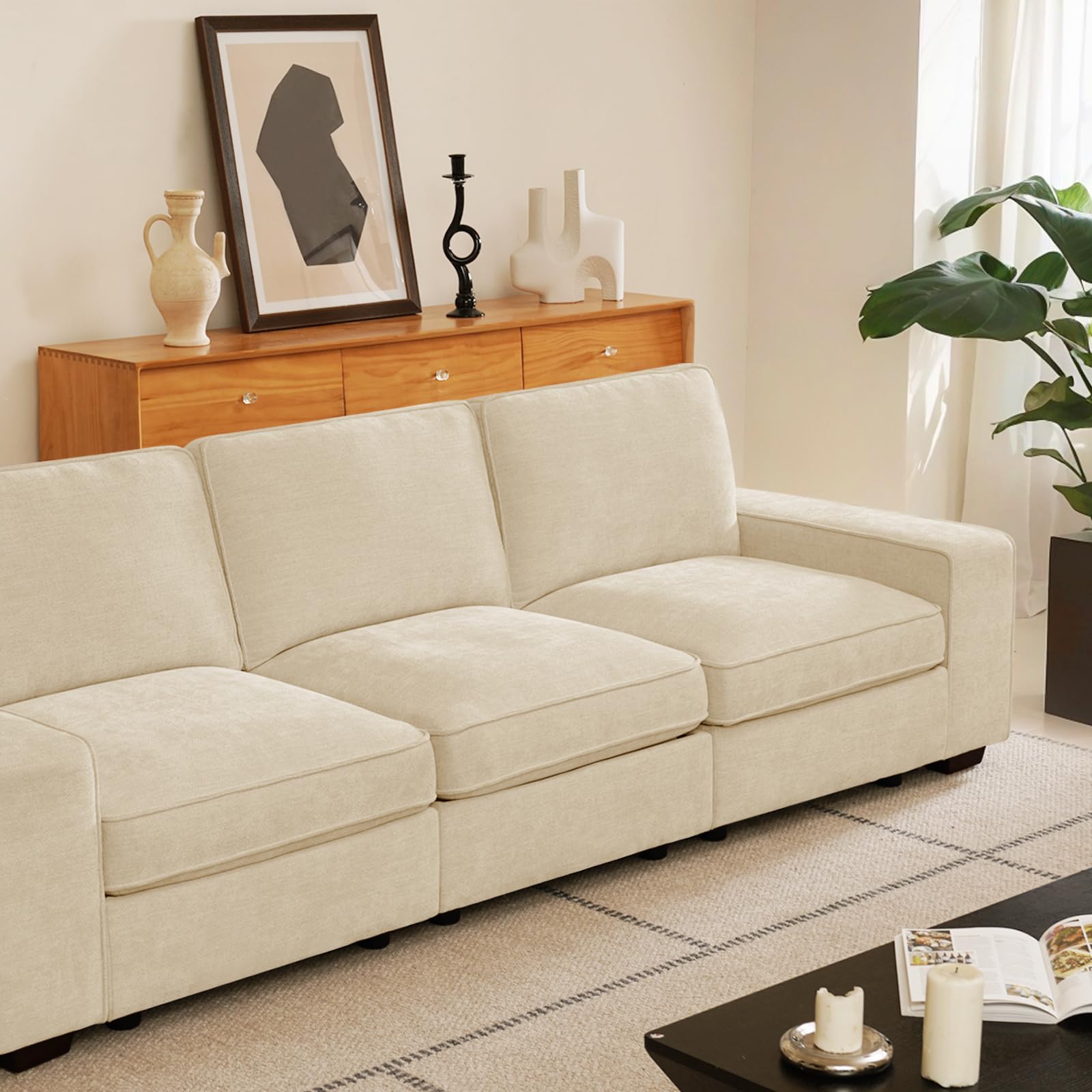 COHOME 100" Sectional Couch with Storage, Chenille Comfy Upholstered Couch for Living Room,3 Seater Free Combination Modular Sofa Couch with Deep Seat,Beige