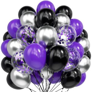 hkyood purple and black balloons - 70pcs 12 inch purple black metallic silver latex balloons with purple confetti for halloween birthday anniversary wednesday graduation party decorations