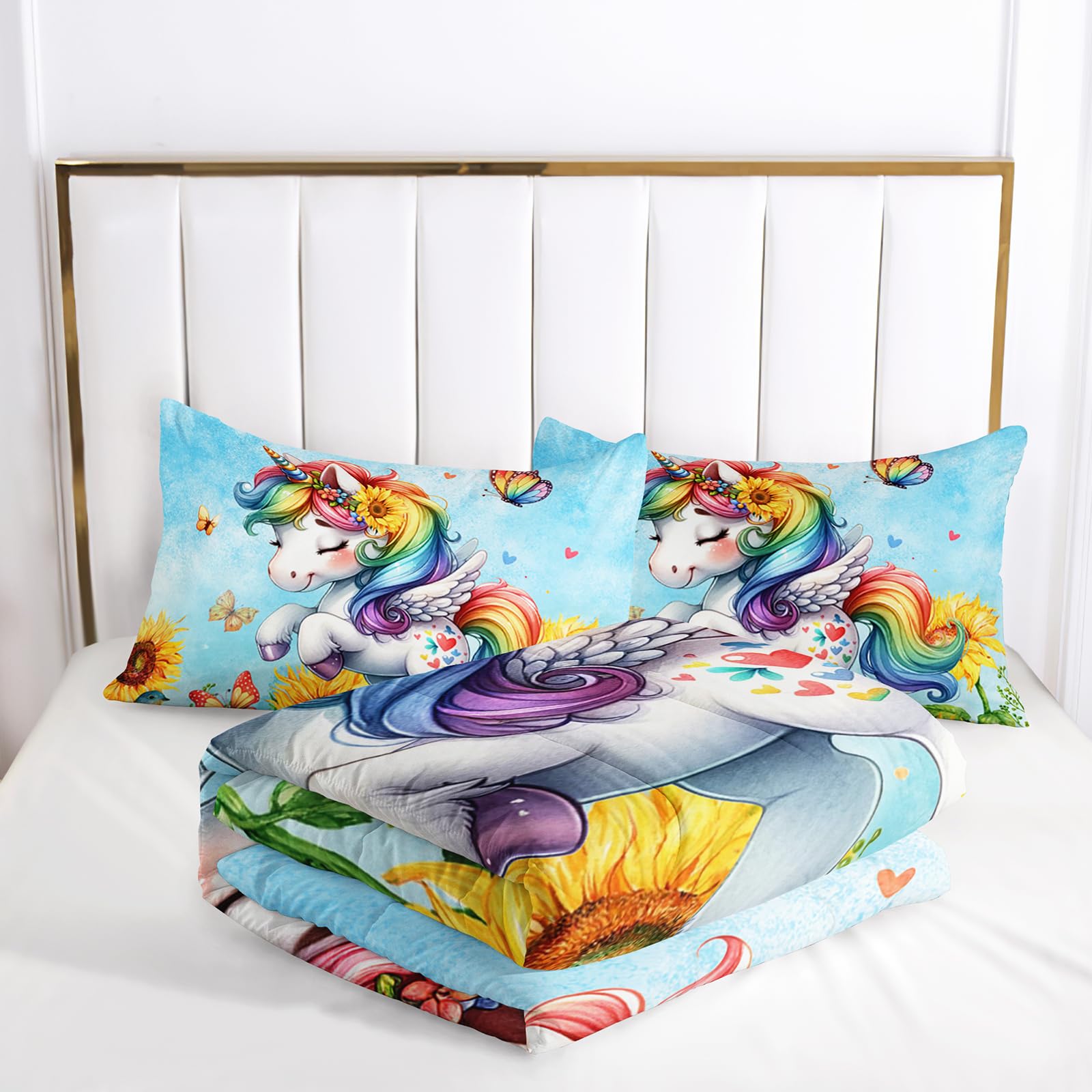 Ntlfup Cute Unicorn Comforter Set Full Size, Yellow Sunflower Unicorn Bedding Set 3pcs for Kids Girls, Soft Polyester Bedding