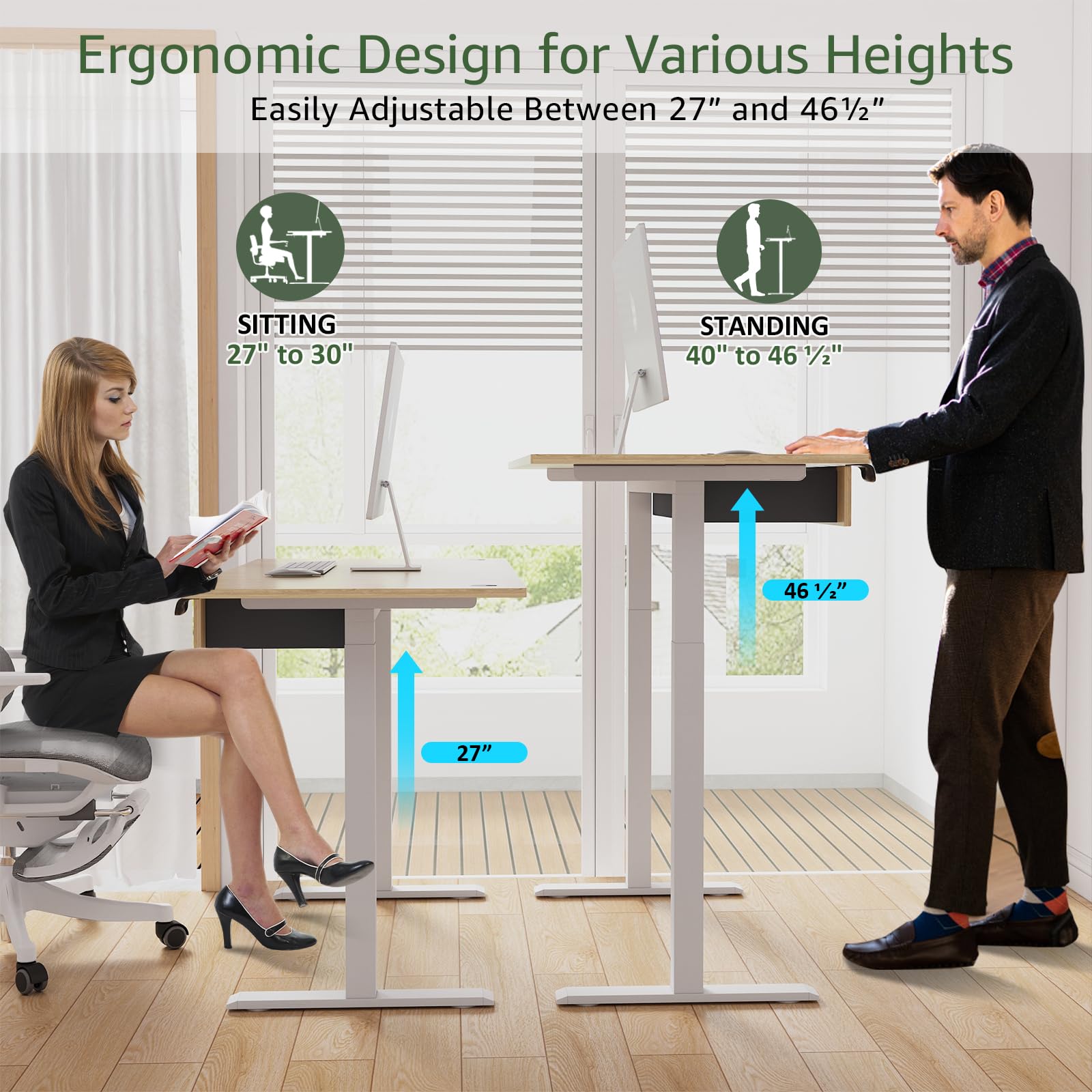 Our Modern Space 2-Drawer Height Adjustable 45" Electric Standing Desk - Upgraded Ultra Durable Home Office Large Rectangular Computer Table or Laptop Sit Stand Workstation - Maple