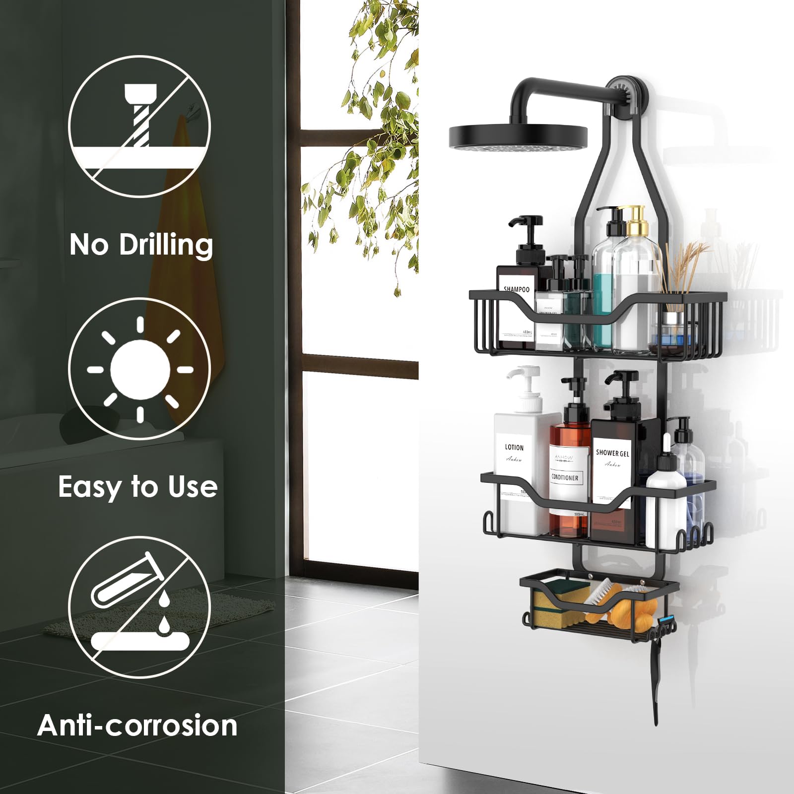 Anhow Shower Caddy Hanging Shower Organizer 3-Tier Over Shower Head with Adhesive Toothbrush Holder Anti-Swing Rustproof Shower Racks with 12 Hooks and Suction Cups for Bathroom, Matte Black