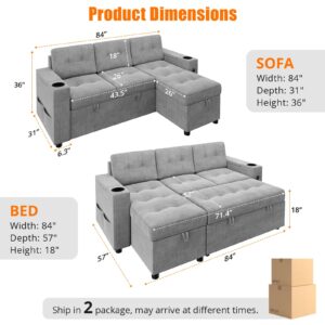 Sofa Bed- 2 in 1 Pull Out Couch Bed with Storage Space and Arms,Sleeper Sofa with Pull Out Bed,L-Shaped Sofa Couch Bed,1 USB-A, 1 Type-C,Pull Out Couch for Living Room ,Linen Sectional Sofa,Grey