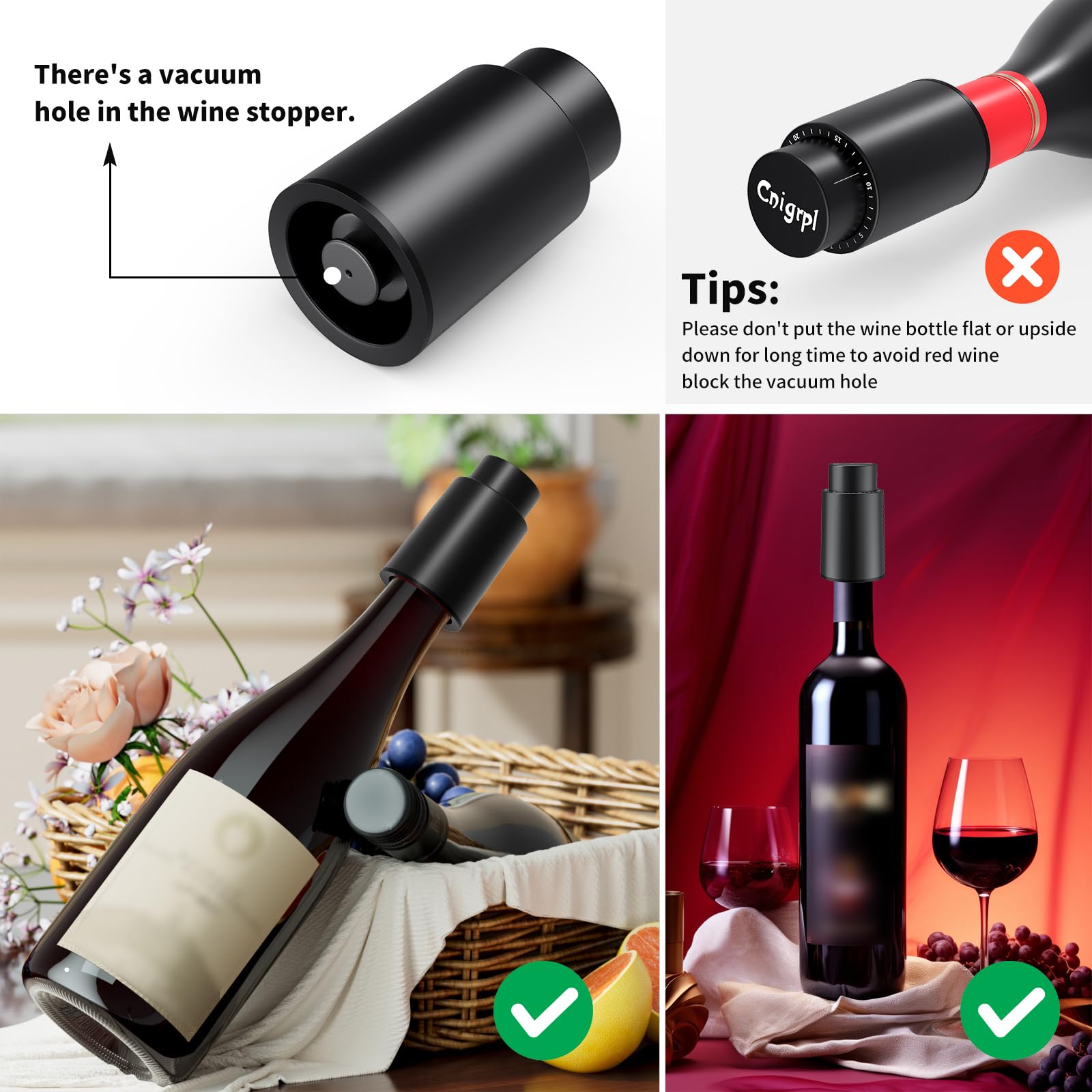 Wine Bottle Stoppers，2-in-1 Vacuum Wine Stopper，Reusable Wine Savers, Wine Preserver Vacuum Pump Corks Keep Wine Really Fresh, Best Gift Accessories (1 Black)