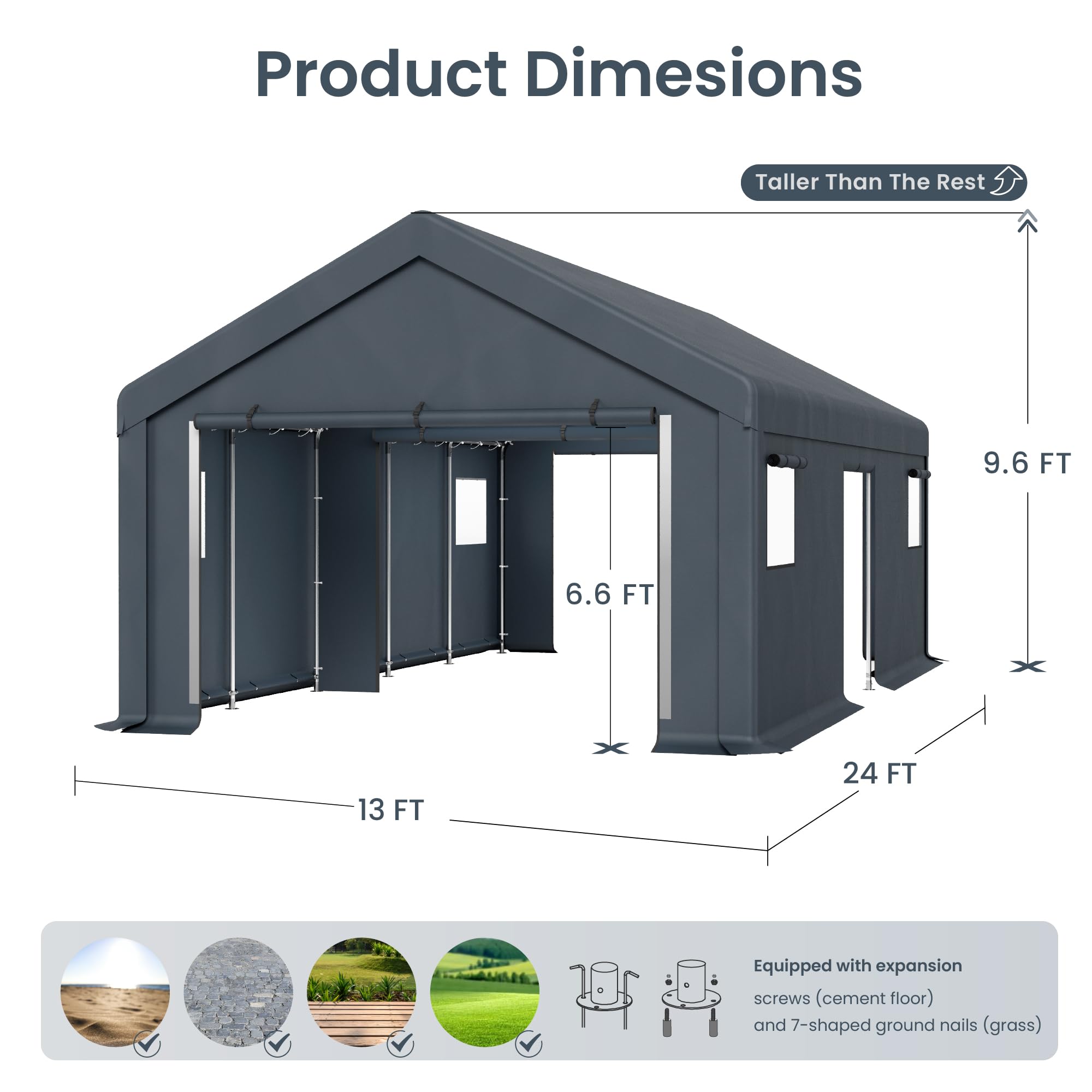 PHI VILLA 13'x24'x9.6' Outdoor Portable Storage Shelter Shed Garage with Roll up Zipper Doors & Vents Carport for Motorcycle Waterproof and UV Resistant Anti-Snow Portable Garage Kit Tent, Gray