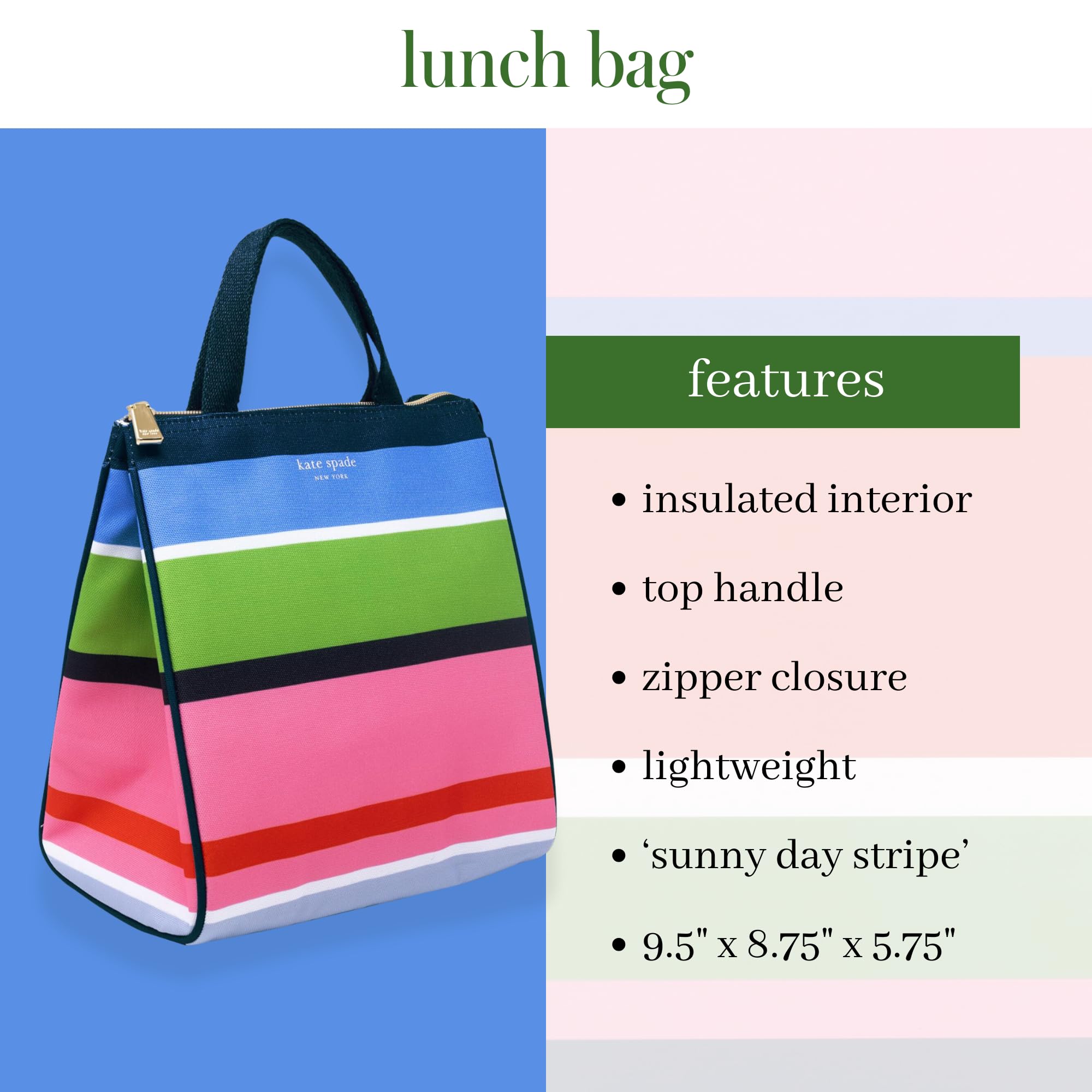 kate spade new york Cute Lunch Bag for Women, Large Capacity Lunch Tote, Adult Lunch Box with Silver Thermal Insulated Interior Lining and Storage Pocket, Sunny Day Stripe