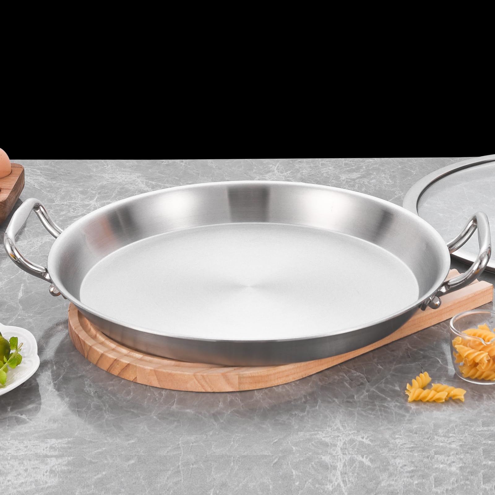 LOLYKITCH 13 Inch Tri-ply Stainless Steel Paella Pan,Griddle,Large Skillet,Omelet,Jumbo Cooker,Heavy Duty,Dishwasher and Oven Safe.