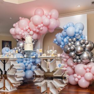 HKYOOD 140Pcs Gender Reveal Balloon Garland Arch Kit - Pink and Blue Balloons Silver Latex Balloon for Boy or Girl Gender Reveal Decorations Birthday Party Baby Shower Celebration Anniversary (No Box)