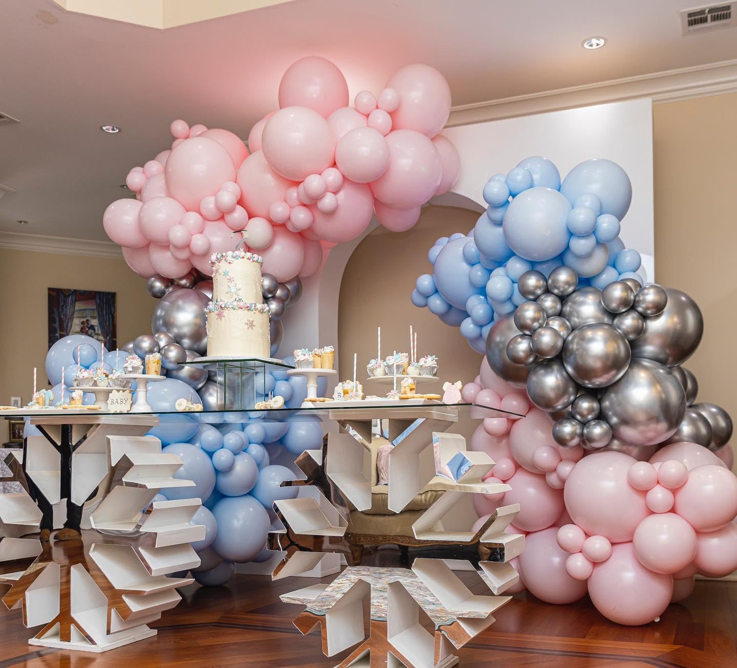 HKYOOD 140Pcs Gender Reveal Balloon Garland Arch Kit - Pink and Blue Balloons Silver Latex Balloon for Boy or Girl Gender Reveal Decorations Birthday Party Baby Shower Celebration Anniversary (No Box)