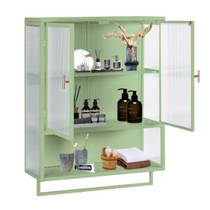 vkto bathroom wall cabinet with 2 glass door, over the toilet storage metal hanging cabinet with towels bar and shelves, medicine cabinet for bathroom laundry room kitchen (green)