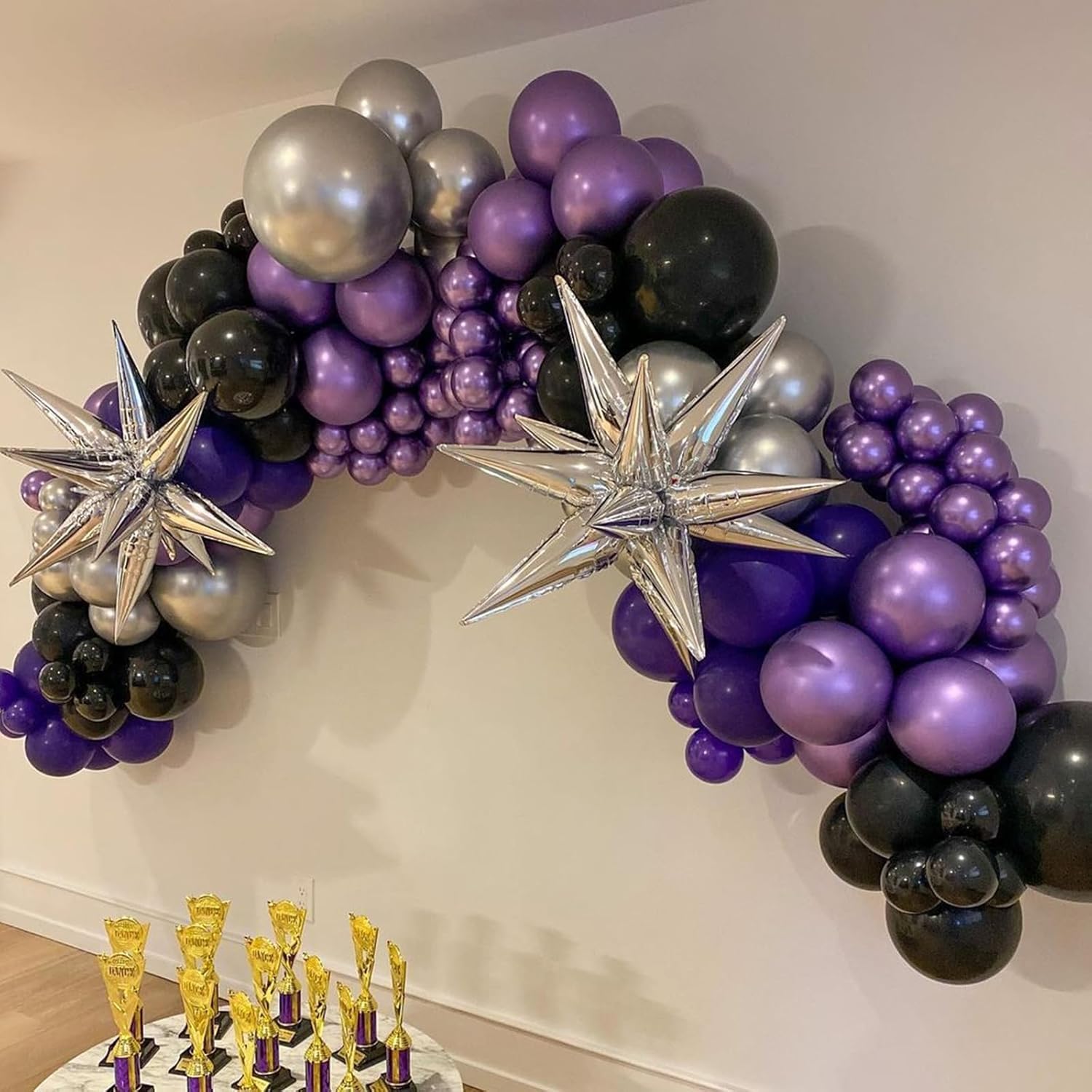 HKYOOD Purple and Black Balloons - 70Pcs 12 inch Purple Black Metallic Silver Latex Balloons with Purple Confetti for Halloween Birthday Anniversary Wednesday Graduation Party Decorations