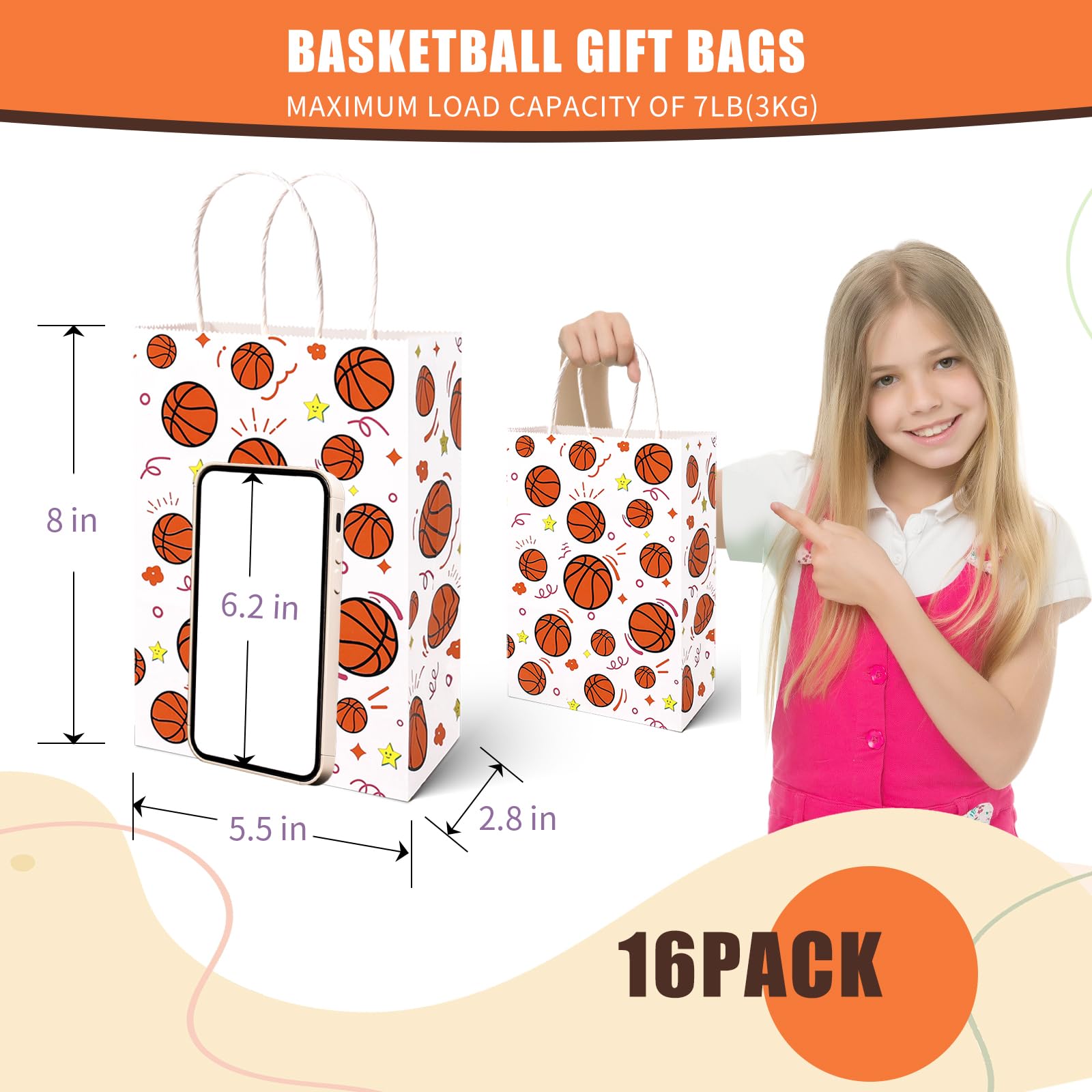 Shindel 16PCS Basketball Goodie Bags, Party Favor Bags with Handles Paper Bags for Gift Weddings Sports Themed Party 5.5" x 2.8" x 8"