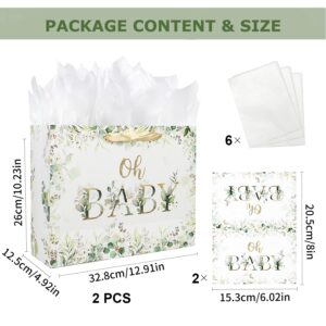 Foxrush 2 Sets of 13" Sage Green Baby Shower Decorations Giftware Bags with Handle, Tissue Papers and Greeting Card for Baby Shower, Giftware Bags for Newborn, Prospective Parents