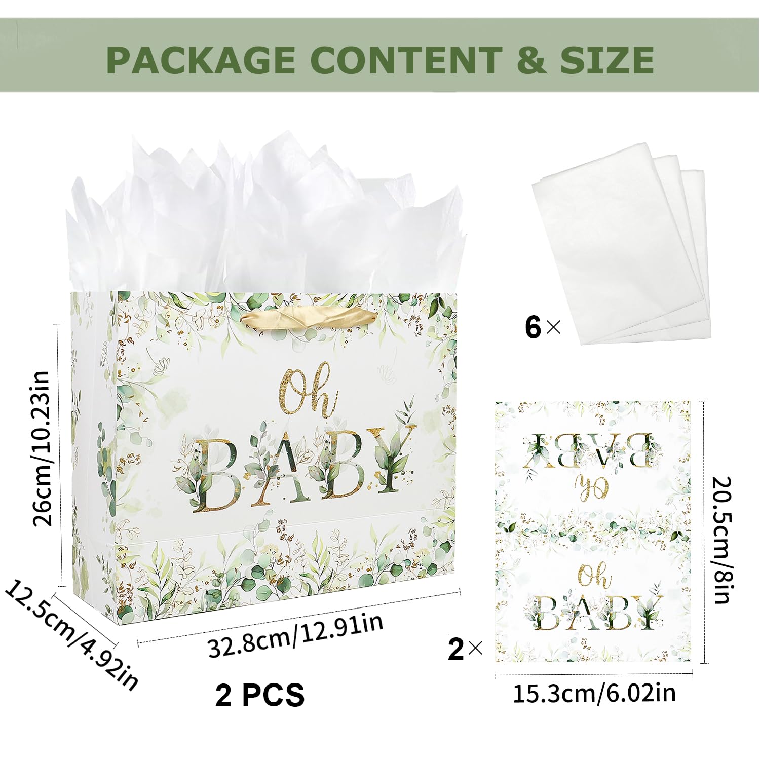 Foxrush 2 Sets of 13" Sage Green Baby Shower Decorations Giftware Bags with Handle, Tissue Papers and Greeting Card for Baby Shower, Giftware Bags for Newborn, Prospective Parents