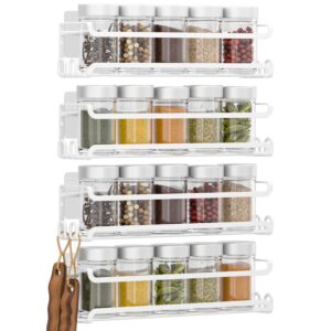 lucycaz 4 pack wall mounted spice rack with 16 hooks, spice rack organizer for cabinet pantry door,screw or adhesive spice shelf hanging wall spice rack for spice jars and seasonings (white)