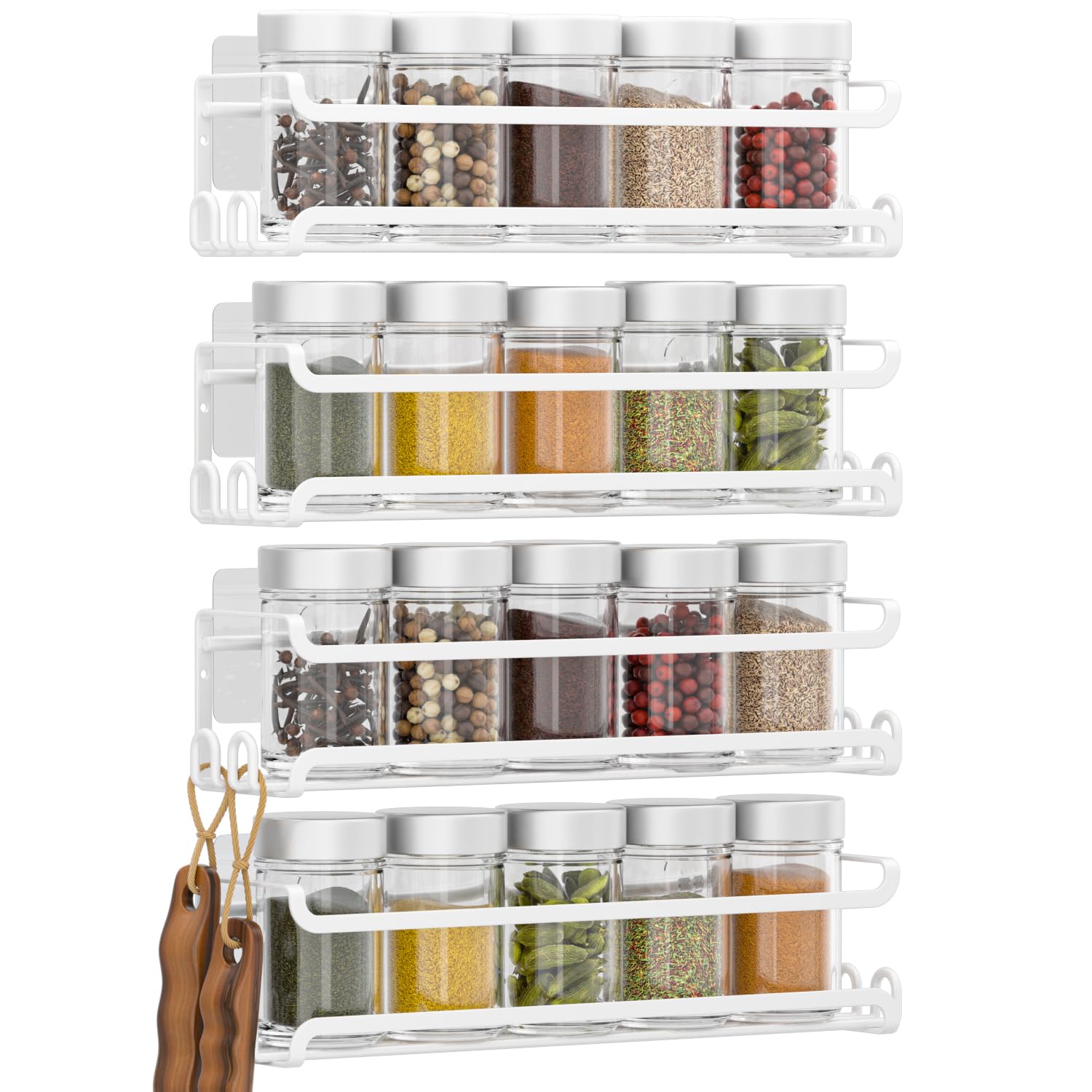 LUCYCAZ 4 Pack Wall Mounted Spice Rack with 16 Hooks, Spice Rack Organizer for Cabinet Pantry Door,Screw or Adhesive Spice Shelf Hanging Wall Spice Rack for Spice Jars and Seasonings (White)